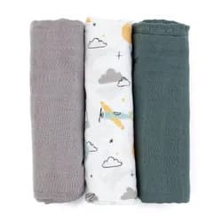 PETITE&MARS Sada plenek bambusová mušelínová 3ks Moussy Grey Planes, 68 x 68 cm - PETITE&MARS Sada plenek bambusová mušelínová 3ks Moussy Grey Planes, 68 x 68 cm